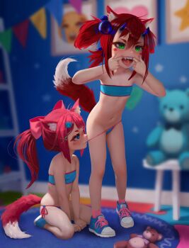 2girls :d animal_ears bare_arms bare_shoulders blurry blurry_background blush_stickers emoji female_focus finger_in_own_mouth fiz-rot fox_ears fox_tail full_body green_eyes groin hair_ornament highres indoors leaning_forward loli long_hair mouth_hold multiple_girls navel open_mouth original panties panties_in_mouth panty_pull pleading_face_emoji ponytail red_hair seiza shoes side-tie_panties sitting smile standing stomach stuffed_animal stuffed_toy tail teddy_bear teeth tongue underwear uohhhhhhhhh!_(meme) upper_teeth_only