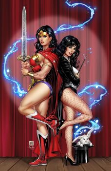 2girls artist_logo black_hair black_hat black_jacket black_shoes boots cape curtains dc_comics electricity fishnet_pantyhose fishnets hat high_heels highres holding holding_sword holding_wand holding_weapon jacket logo long_hair looking_at_viewer magic mike_krome multiple_girls pantyhose rabbit red_boots red_cape shoes signature sword tiara top_hat wand weapon wonder_woman wonder_woman_(series) wooden_floor zatanna_zatara