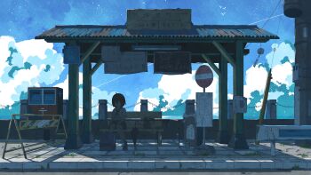 1girl absurdres ahoge backpack bag bench bird black_shoes blue_sailor_collar blue_skirt blue_sky bottle bus_stop bus_stop_sign can clock closed_eyes cloud collarbone commentary_request contrail drink_can guard_rail hand_on_own_hip highres kafumi medium_hair neckerchief on_bench original outdoors poster_(object) power_lines red_neckerchief road sailor_collar scenery school_uniform serafuku shirt shoes short_sleeves sign sitting skirt sky solo traffic_barrier translation_request trash_can umbrella utility_pole vending_machine white_shirt wide_shot