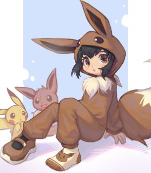 Rule 34 | 1girl, :o, black hair, brown eyes, brown shoes, cosplay, costume, eevee, eevee (cosplay), fang, gen 1 pokemon, highres, hood, hoodie, nintendo, pikachu, poke kid (pokemon), pokemon, pokemon swsh, shadow, shoes, sitting, socks, solo, stuffed toy, tail, zhutangyuan