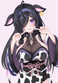 1girl ahoge animal_ears animal_print bare_shoulders belt_collar black_collar black_hair blush braid breasts cleavage_cutout clothing_cutout collar colored_inner_hair cow_ears cow_girl cow_print cow_tail cowboy_shot detached_sleeves ear_tag fingers_to_cheeks grey_background hair_over_one_eye hair_ribbon hairband hashtag-only_commentary head_tilt highres japanese_clothes kimono large_breasts long_hair long_sleeves looking_at_viewer mole mole_under_eye multicolored_hair nijisanji obi obijime one_eye_covered open_mouth parted_bangs peanut_mouth pink_ribbon print_kimono purple_eyes purple_hair purple_hairband purple_sleeves ribbon ribbon-trimmed_sleeves ribbon_trim sash see-through_cleavage see-through_clothes side_braid side_slit sidelocks simple_background single_braid solo standing streaked_hair tail tassel toriniku_(selene1050) virtual_youtuber wide_sleeves yagyu_shino