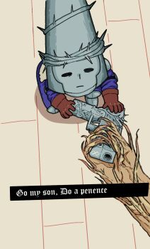 1boy blasphemous brown_gloves english_text gloves go_do_a_crime_(meme) gun handgun harakim19 helm helmet highres holding holding_gun holding_weapon long_sleeves meme penitent_one solo thorns weapon