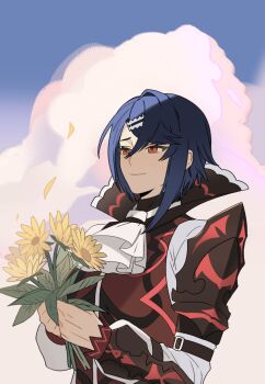 1boy alcryst_(fire_emblem) armor ascot blue_hair closed_mouth cloud dr_metagross fire_emblem fire_emblem_engage flower hair_between_eyes hair_ornament hairclip high_collar highres holding holding_flower long_sleeves male_focus nintendo outdoors red_eyes shirt short_hair smile solo upper_body white_ascot