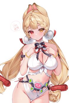 1girl absurdres adapted_costume alice_thymefield alice_thymefield_(sea_of_thyme) animal_ears bikini blonde_hair blush breasts duchi0356 hair_ornament heterochromia highres large_breasts looking_at_viewer rabbit_ears rabbit_girl red_eyes solo sphere_hair_ornament swimsuit twintails white_bikini yellow_eyes zenless_zone_zero