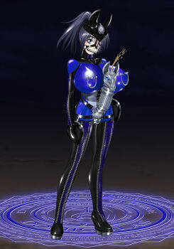 Rule 34 | alegria (artist), animal ears, bdsm, blue eyes, blue hair, bondage, boots, bound, breasts, corset, dildo, dimension empire domigulas, fake animal ears, gag, gloves, heel-less shoes, highres, hikaru (saipharis), hooves, latex, nipples, strap-on