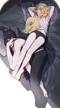 1boy 1girl barefoot black_hair black_panties blonde_hair cat commentary_request couple glasses highres kasasagi_(futagodori888) lying on_back on_side original panties partial_commentary pillow sketch sleeping underwear