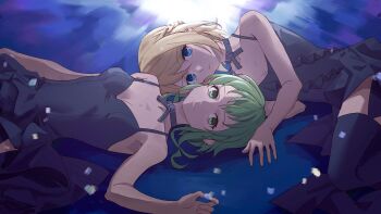 2girls bare_shoulders blonde_hair blue_eyes braid breasts cleavage collar collarbone commentary_request dress green_collar green_eyes green_hair gumi highres kagamine_rin lying medium_hair multiple_girls on_back on_ground on_side purple_dress purple_thighhighs short_hair side_braid small_breasts thighhighs vocaloid wounds404