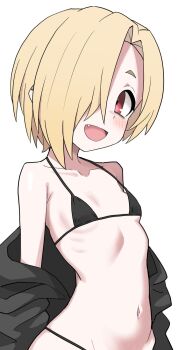 1girl alternate_costume arms_behind_back bags_under_eyes bare_shoulders bikini black_bikini black_jacket blonde_hair breasts earclip fang hair_over_one_eye halulu highres idolmaster idolmaster_cinderella_girls jacket loli looking_at_viewer navel one_eye_covered open_clothes open_jacket open_mouth red_eyes shirasaka_koume short_hair simple_background small_breasts smile solo swimsuit tareme upper_body white_background