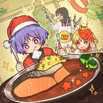 +_+ 3girls :q absurdres animal animal_on_head baby_animal bird bird_on_head black_hair blonde_hair bright_pupils chick christmas_tree commentary_request dutch_angle fish_(food) food hangaku_th highres kijin_seija multicolored_hair multiple_girls niwatari_kutaka on_head purple_hair red_eyes red_hair short_hair speech_bubble star_(symbol) streaked_hair sukuna_shinmyoumaru thumbs_up tongue tongue_out touhou two-tone_hair white_hair white_pupils