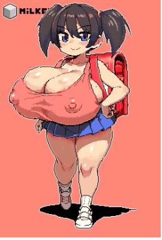 1girl animated animated_gif areola_slip backpack bag black_hair blinking blue_eyes blush bouncing_breasts breasts collarbone covered_erect_nipples cube curvy eyebrows_hidden_by_hair hand_on_own_hip huge_areolae huge_breasts jabaku-chan kyosuke_fujiwara loli looking_at_viewer miniskirt oppai_loli original pink_background randoseru shoes skirt smile socks standing tank_top thick_thighs thighs twintails