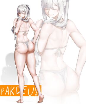1girl absurdres ak-12_(girls&#039;_frontline) ass bikini blush braid breasts closed_eyes closed_mouth commentary english_commentary girls&#039;_frontline grey_hair hand_on_own_ass highres long_hair looking_at_viewer pakdeus ribbon sidelocks simple_background smile solo swimsuit white_background white_bikini
