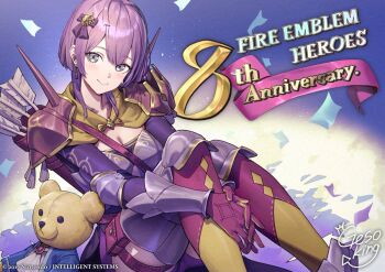 Rule 34 | 1girl, anniversary, armor, armored boots, bernadetta von varley, bernadetta von varley (timeskip), bike shorts, blush, boots, breastplate, breasts, capelet, cleavage, closed mouth, earrings, elbow pads, fire emblem, fire emblem: three houses, fire emblem heroes, gauntlets, gesoking, gloves, grey eyes, hair ribbon, jewelry, knee guards, long sleeves, looking at viewer, medium breasts, medium hair, multicolored gloves, nintendo, official alternate costume, official art, pauldrons, purple bike shorts, purple gloves, purple hair, quiver, ribbon, short hair with long locks, shoulder armor, signature, sitting, smile, solo, spiked pauldrons, stuffed animal, stuffed toy, teddy bear, thigh boots, thighhighs, yellow capelet, yellow gloves, zettai ryouiki