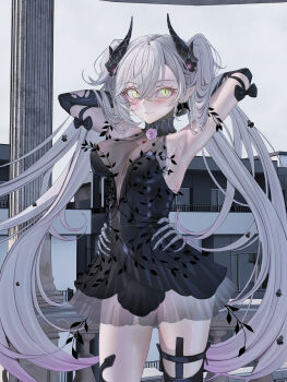 1girl absurdres armpits arms_behind_head arms_up bare_shoulders black_dress black_hands black_thighhighs blush body_markings breasts colored_extremities crossed_bangs demon_girl demon_horns detached_sleeves dress earrings fate/grand_order fate_(series) green_eyes grey_hair hair_between_eyes highres horns jewelry lilith_(celebratory_attire)_(fate) lilith_(fate) long_hair looking_at_viewer medium_breasts nan_ji_yun pointy_ears short_dress smile solo thighhighs thighs very_long_hair