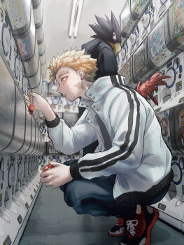 2boys absurdres alternate_costume animal_head beak black_jacket blonde_hair blue_pants blurry boku_no_hero_academia casual ceiling_light character_doll charm_(object) colored_shoe_soles commentary depth_of_field doll double_vertical_stripe earrings endeavor_(boku_no_hero_academia) eyeshadow facial_hair facial_mark feathered_wings forked_eyebrows from_side gashapon hair_slicked_back hand_on_own_knee hand_up hawks_(boku_no_hero_academia) high_collar highres holding hood hooded_jacket indoors jacket jade_0518h jewelry looking_at_another looking_at_object looking_to_the_side makeup male_focus messy_hair multiple_boys open_clothes open_jacket pants parted_lips perspective profile red_eyes red_eyeshadow red_wings sanpaku scar scar_on_face scar_on_neck shoes short_hair sideways_mouth sleeve_cuffs sneakers spoilers squatting standing stubble surprised tokoyami_fumikage twitter_username wings yellow_eyes