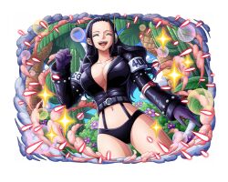Rule 34 | 1girl, black hair, black jacket, black panties, breasts, closed eyes, commentary, curvy, english commentary, gloves, headphones, jacket, large breasts, legs, long hair, navel, nico robin, official alternate costume, official art, one piece, one piece treasure cruise, open mouth, panties, smile, solo, thighs, thong, underwear