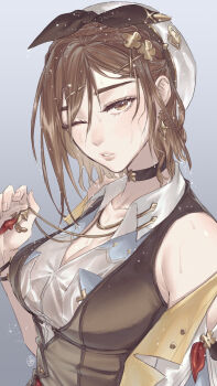 1girl absurdres atelier_(series) atelier_ryza atelier_ryza_3 beret bracelet braid breasts brown_eyes brown_hair brown_vest choker cleavage clover_hair_ornament earrings hair_ornament hair_ribbon hat highres holding holding_jewelry holding_necklace irene_koh jewelry large_breasts necklace one_eye_closed reisalin_stout ribbon shirt short_hair solo star_(symbol) star_choker star_earrings star_necklace upper_body vest wet wet_clothes wet_face wet_hair wet_shirt white_hat white_shirt x_hair_ornament