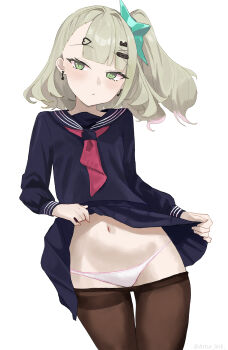 1girl absurdres artur_link black_thighhighs blue_serafuku blue_skirt clothes_lift earrings green_eyes green_hair hair_ornament hairclip highres jewelry lifting_own_clothes midriff navel panties school_uniform serafuku short_hair skirt skirt_lift sunna_(zenless_zone_zero) thighhighs underwear white_panties zenless_zone_zero