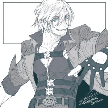 1boy aqua_eyes beard_stubble belt black_gloves character_name chest_strap dante_(devil_may_cry) dated devil_may_cry devil_may_cry_(series) devil_may_cry_4 facial_hair gloves grin hair_between_eyes hiryuu_(kugelcruor) looking_at_viewer male_focus multiple_belts partially_fingerless_gloves pectorals short_hair signature smile solo spot_color stubble suspenders teeth upper_body white_background white_hair