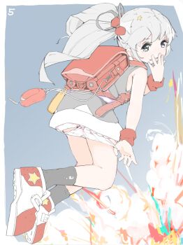 1girl backpack bag dress expressionless full_body grey_eyes grey_hair highres kinomoto_(nazonoinu) loli long_hair looking_at_viewer original panties panty_pull ponytail randoseru shoes short_dress smile sneakers solo underwear white_panties