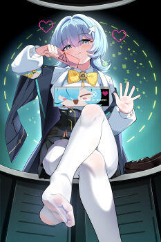 1girl absurdres arm_up arrow_hair_ornament black_dress black_jacket blue_hair blush bow bowtie breasts breasts_out censored chinese_commentary closed_mouth commentary_request dress fengqun from_below hand_up highres holding i.r.i.s._(wuthering_waves) jacket loafers looking_at_viewer medium_breasts medium_hair no_shoes novelty_censor orange_bow orange_bowtie pantyhose shoes sitting smile solo thighband_pantyhose toes unworn_shoes waving white_pantyhose wuthering_waves