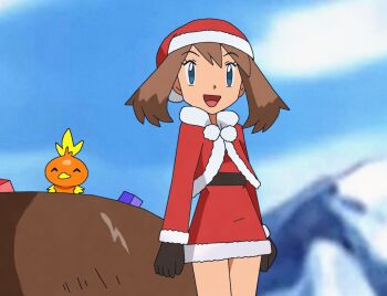 1girl amayzing2002 arms_at_sides blue_eyes brown_hair christmas commentary english_commentary full_body gen_3_pokemon gloves hat head_tilt highres legs_together may_(pokemon) medium_hair nintendo open_mouth outdoors pokemon pokemon_(creature) pokemon_rse santa_costume santa_hat smile standing torchic winter