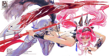 1girl absurdres arm_armor artist_logo back backless_bodysuit bare_shoulders bent_over black_bow bodysuit bow breasts collar commentary deliberty dynamic_pose english_commentary hair_between_eyes hair_bow hair_ornament headgear highres holding holding_polearm holding_weapon logo long_hair lupa_(wuthering_waves) medium_breasts metal_collar multiple_hair_bows pink_hair polearm qr_code red_pupils simple_background smile solo tacet_mark_(wuthering_waves) tail twintails variant_set weapon white_background white_bodysuit wolf_tail wuthering_waves yellow_eyes