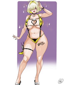 1girl blonde_hair boomstick_(nikke) breasts clothing_cutout commentary electric_shock_(nikke) elegg_(boom_and_shock)_(nikke) elegg_(nikke) english_commentary exposed_pocket game_controller_nipples_(meme) goddess_of_victory:_nikke hair_over_eyes heart_cutout highres large_breasts meme rabbit_choker see-through_slingshot_swimsuit simple_background slingshot_swimsuit swimsuit thick_thighs thighs waifuviolenta yellow_slingshot_swimsuit