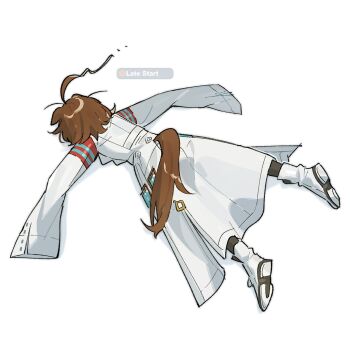 1girl agnes_tachyon_(tach-nology)_(umamusume) agnes_tachyon_(umamusume) ahoge animal_ears black_pantyhose boots brown_hair coat cork emne faceplant failure fallen_down gameplay_mechanics hair_between_eyes highres horse_ears horse_girl horse_tail lab_coat long_sleeves pantyhose sleeves_past_fingers sleeves_past_wrists solo tail test_tube umamusume white_boots white_coat