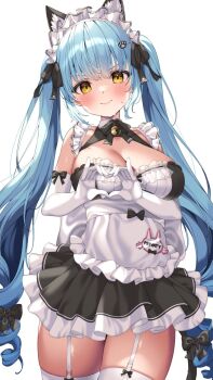 Rule 34 | 1girl, @shun, animal ears, apron, black dress, blue hair, blush, breasts, cat ears, cat tail, collarbone, dress, drill hair, elbow gloves, fake animal ears, fake tail, gloves, goddess of victory: nikke, hair ornament, heart, heart hands, highres, large breasts, legwear garter, light blue hair, long hair, maid, maid headdress, neck bell, official alternate costume, paw hair ornament, privaty (nikke), privaty (unkind maid) (nikke), simple background, solo, tail, thighhighs, thighs, twin drills, twintails, very long hair, white apron, white background, white gloves, white thighhighs, yellow eyes
