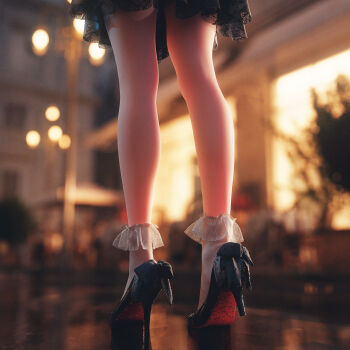 1girl bare_legs black_dress blurry blurry_background bobby_socks bokeh close-up colored_shoe_soles depth_of_field dress frilled_socks frills from_behind high_heels highres kneepits lamppost legs lower_body mr_ito night original out_of_frame reflection reflective_floor shoe_soles shoes short_dress socks solo standing stiletto_heels thighs white_socks