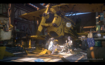 2girls 3d aircraft airplane bare_shoulders biplane black-framed_eyewear black_shirt blue_eyes blueprint_(object) bracelet brown_hair bumblebee camouflage camouflage_jacket camouflage_pants closed_mouth clothes_writing day female_focus fen_bang_laoda from_behind full_body glasses hair_ribbon hand_up heart highres holding holding_screwdriver indoors jacket jewelry letterboxed long_hair looking_at_another looking_down map multiple_girls off-shoulder_jacket off_shoulder original oversized_clothes oversized_shirt pants phonograph pink_slippers ponytail radio red_footwear ribbon round_eyewear screwdriver shirt shoes short_hair short_sleeves sidelocks sitting sleeveless sleeveless_shirt slippers sneakers sticky_note table transformers transformers_(live_action) vehicle_focus white_ribbon white_shirt world_map