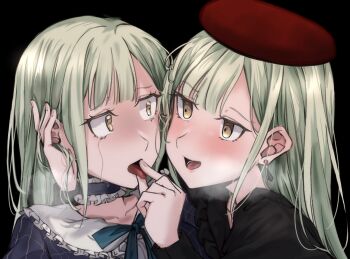 2girls absurdres bang_dream! bang_dream!_it&#039;s_mygo!!!!! beret black_background black_capelet blue_choker blue_dress blue_ribbon blush capelet choker commentary_request crying crying_with_eyes_open dress dual_persona earrings extreme_yuri_buta frilled_choker frills green_hair hand_in_another&#039;s_hair hat highres jewelry long_hair long_sleeves mortis_(bang_dream!) mortis_(costume)_(bang_dream!) mortis_(persona)_(bang_dream!) multiple_girls open_mouth pulling_tongue red_hat ribbon selfcest simple_background tearing_up tears upper_body wakaba_mutsumi yellow_eyes yuri