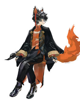 1boy aak_(arknights) aak_(doctor_of_faces)_(arknights) absurdres animal_ears arknights black_gloves black_hair black_nails black_pants black_shoes bounsies cat_boy cat_ears chinese_clothes coat ear_piercing earrings fingerless_gloves full_body furry furry_male gloves highres invisible_chair jacket jewelry male_focus official_alternate_costume orange_shirt pants piercing shirt shoes simple_background sitting smile solo tail white_background