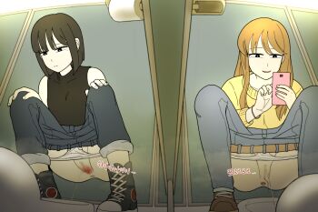 2girls anus bathroom belt black_hair black_shirt bracelet cellphone censored clothes_pull denim female_focus hands_on_own_knees highres ice_keki jeans jewelry menstrual_pad menstruation mole mole_under_eye mosaic_censoring multiple_girls orange_hair original panties pants pants_pull panty_pull peeing phone public_restroom pussy shirt smartphone smile squat_toilet squatting tampon toilet toilet_paper toilet_stall toilet_use underwear voyeur_pov white_panties yellow_shirt