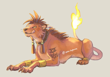 animal_ears animal_focus ano_tagawa black_collar body_markings bracelet claws collar commentary_request ear_piercing final_fantasy final_fantasy_vii fire flame-tipped_tail gold_bracelet grey_background highres jewelry no_humans piercing red_fur red_xiii simple_background tail tongue tongue_out twitter_username whiskers yellow_eyes