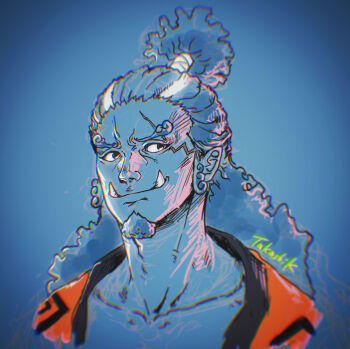 Rule 34 | 1boy, absurdres, artist name, black eyes, blue skin, chasenmage, closed mouth, collarbone, colored skin, commentary, curly eyebrows, english commentary, facial hair, fish boy, goatee, highres, jinbe (one piece), long hair, male focus, one piece, scar, scar across eye, scar on face, sketch, smile, solo, takashik, tusks