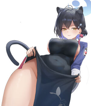 1girl absurdres ahoge animal_ears black_dress blue_archive blue_hair blue_halo blue_shrug blush breasts china_dress chinese_clothes chinese_commentary colored_inner_hair commentary_request covered_erect_nipples covered_groin covered_navel cowboy_shot dress dutch_angle extra_ears floral_print floral_print_dress foreshortening from_below groin hair_behind_ear hair_bun hair_ornament halo highres holding_own_dress impossible_clothes impossible_dress kaguya_(blue_archive) laocheng_(axpp4722) large_breasts long_sleeves looking_at_viewer medium_hair multicolored_hair no_bra no_panties panther_ears panther_girl panther_tail parted_lips pelvic_curtain print_dress shrug_(clothing) sideboob simple_background single_hair_intake single_side_bun sleeveless sleeveless_dress solo tail tassel tassel_hair_ornament tsurime white_background yellow_eyes