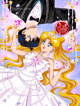 1boy 1girl bare_shoulders bishoujo_senshi_sailor_moon black_hair blonde_hair blue_eyes bow bowtie chiba_mamoru couple double_bun dress earrings gem hair_bun jewelry long_hair looking_at_another necklace pearl_necklace pink_gem smile sol_lennon tiara tsukino_usagi tuxedo twintails very_long_hair white_dress