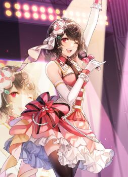 1girl arm_up asaka_shio bare_shoulders black_hair bob_cut cowboy_shot detached_collar dress elbow_gloves gloves hair_ornament hairclip highres holding holding_microphone kim_eb layered_dress microphone off-shoulder_dress off_shoulder one_eye_closed open_mouth pygmalion._(group) red_eyes screen solo spotlight stage standing thighhighs wrist_cuffs zettai_ryouiki