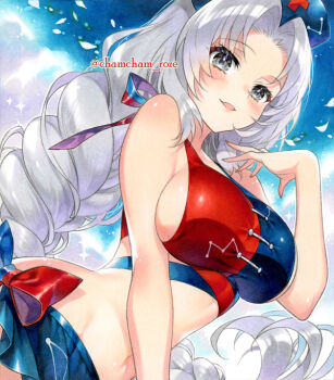 1girl alternate_costume bikini blue_bikini blue_sky blush braid breasts chacham cloud commentary_request day grey_eyes hand_up hat large_breasts long_hair looking_at_viewer marker_(medium) multicolored_bikini navel nurse_cap open_mouth red_bikini sideboob sky smile solo stomach swimsuit touhou traditional_media twitter_username two-tone_bikini very_long_hair white_hair yagokoro_eirin