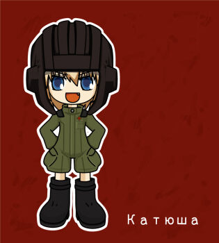 1girl black_boots blonde_hair blue_eyes boots character_name fang girls_und_panzer hands_on_own_hips hat katyusha_(girls_und_panzer) long_sleeves looking_at_viewer military military_uniform open_mouth outline red_background school_uniform short_hair smile solo standing straight-on uda_tetla v-shaped_eyebrows white_outline