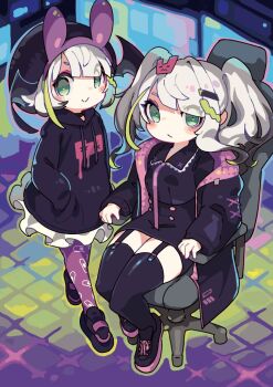 Rule 34 | 2girls, a.i. voice, alternate costume, alternate hair color, alternate hairstyle, animal ear hairband, animal ears, bandaid print, beret, black garter straps, black hair, black hat, black hoodie, black jacket, black shirt, black shoes, black skirt, black thighhighs, blush, buttons, chair, closed mouth, clothes pull, collared shirt, commentary, cross-laced clothes, cross-laced sleeves, demon wings, double-breasted, drawstring, expressionless, fake animal ears, from above, full body, gaming chair, garter straps, green eyes, green streaks, hair ornament, hairband, hairclip, hands in pockets, hat, hood, hoodie, indoors, jacket, jacket pull, jirai kei, long sleeves, looking to the side, medium hair, multicolored hair, multicolored shoes, multiple girls, multiple persona, necktie, on chair, open clothes, open jacket, pencil skirt, pink jacket, pink necktie, pink shoes, print hoodie, print thighhighs, purple hairband, purple thighhighs, rabbit hair ornament, sakamoto ahiru, shirt, shoes, short hair, single hair intake, single hair streak, single sidelock, sitting, skirt, smile, sneakers, square-end necktie, standing, streaked hair, swept bangs, swivel chair, thighhighs, tsunose kotone, tsunose kotone (tsubomi), twintails, two-sided fabric, two-sided jacket, two-tone shoes, white hair, white skirt, winged hat, wings