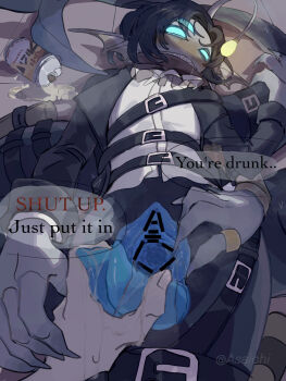 2boys accessories alcohol anglerfish anglerfish_boy asaichi ascot backpack bag bandaged_arm bandages bandolier bar_censor belt belt_buckle black_hair black_jacket blue_penis blue_scales blue_sclera blue_skin blush bracelet buckle can censored cetacean_tail claws colored_sclera colored_skin commentary cuntboy diphallia drunk english_commentary english_text erection extra_arms extra_eyes extra_penises fingernails fins fish fish_tail floor floor_sex gold_bracelet gold_ring grey_scarf hand_on_another&#039;s_hand hand_on_hand head_fins highres jacket jewelry long_sleeves looking_at_another lying male_futanari merfolk merman monster_boy multiple_belts multiple_boys multiple_bracelets on_back on_floor open_clothes open_jacket paper parted_bangs penis penis_grab player_character_(roblox) pov pov_hands precum precum_on_hand pressure_(roblox) pussy pussy_juice roblox rolled_up_paper scarf sea_snake sebastian_solace sharp_fingernails sharp_teeth shirt short_hair smaller_dominant speech_bubble spilled_drink spread_pussy spreading_another&#039;s_pussy sweat tail teeth third_eye unworn_backpack unworn_bag wet white_ascot white_shirt white_undershirt yaoi