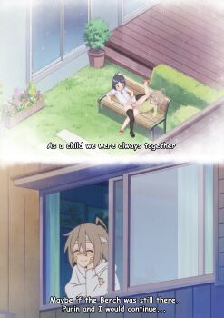 2girls absurdres ahoge bandages bandaid bench blush censored kodomo_doushi dildo do_it_yourself!! double_dildo english_text eroartdraw female_focus full_body highres huge_filesize loli mosaic_censoring multiple_girls no_panties object_insertion open_mouth outdoors pussy pussy_juice red_eyes sex_toy shared_object_insertion spread_legs suride_miku thighhighs vaginal vaginal_object_insertion window yua_serufu yuri