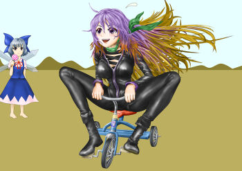 Rule 34 | 2girls, barefoot, biker clothes, bikesuit, black boots, blonde hair, blue bow, blue hair, blue skirt, blue vest, blush stickers, bodysuit, boots, bow, candy, cirno, food, gradient hair, green scarf, hair bow, hijiri byakuren, holding, holding candy, holding food, holding lollipop, ice, ice wings, kams, lollipop, multicolored hair, multiple girls, open mouth, purple eyes, purple hair, red ribbon, ribbon, riding tricycle, scarf, shirt, short sleeves, simple background, skirt, touhou, vest, white shirt, wings