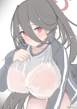 1girl black_choker black_hair black_jacket black_wings blue_archive blue_t blush choker collarbone commentary_request gym_shirt gym_uniform hair_between_eyes halo hasumi_(blue_archive) hasumi_(track)_(blue_archive) highres hug jacket long_hair_between_eyes looking_at_viewer mole mole_under_eye official_alternate_costume shirt signature solo sweat sweaty_clothes thighs track_jacket very_sweaty white_shirt wings