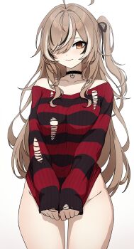 1girl absurdres ahoge bikini black_choker black_streaks black_sweater brown_eyes brown_hair choker closed_mouth clothes_tug commentary daydarion english_commentary groin hair_over_one_eye highres hololive hololive_english lace-trimmed_choker lace_trim long_hair looking_at_viewer nanashi_mumei nanashi_mumei_(emo) official_alternate_costume official_alternate_hairstyle one_side_up pendant_choker red_sweater side-tie_bikini_bottom simple_background solo striped_clothes striped_sweater sweater sweater_tug swept_bangs swimsuit torn_clothes torn_sweater very_long_hair virtual_youtuber white_background white_streaks