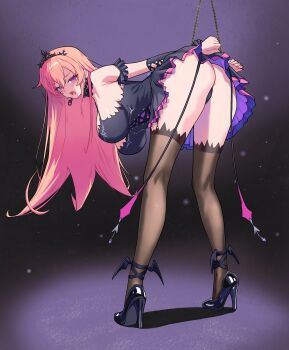 1girl absurdres ass black_dress black_shoes black_sleeves black_tiara breasts commentary detached_sleeves dress earrings english_commentary highres hikkio jewelry long_hair open_mouth phase_connect pink_hair purple_eyes restrained runie_ruse shadow shoes snake_earrings solo thighhighs tiara virtual_youtuber