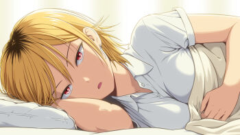 1girl black_hair blanket blonde_hair breasts buttons collared_shirt commentary_request earrings from_side hand_up head_on_pillow highres ichikawa_masahiro jewelry large_breasts looking_at_viewer lying multicolored_hair on_bed on_side parted_lips pillow pov pov_across_bed red_eyes school_uniform shirt short_hair short_sleeves simple_background solo two-tone_hair under_covers upper_body watashi_ga_motenai_no_wa_dou_kangaetemo_omaera_ga_warui! white_background white_shirt yoshida_masaki