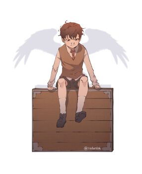 1boy bandaid bandaid_on_face bandaid_on_nose black_eyes black_shirt box brown_hair brown_vest collared_shirt different_shadow feathered_wings full_body highres kim_dokja male_focus nadardoh necktie oldest_dream omniscient_reader&#039;s_viewpoint red_necktie shirt short_hair sitting smile solo vest white_shirt wings